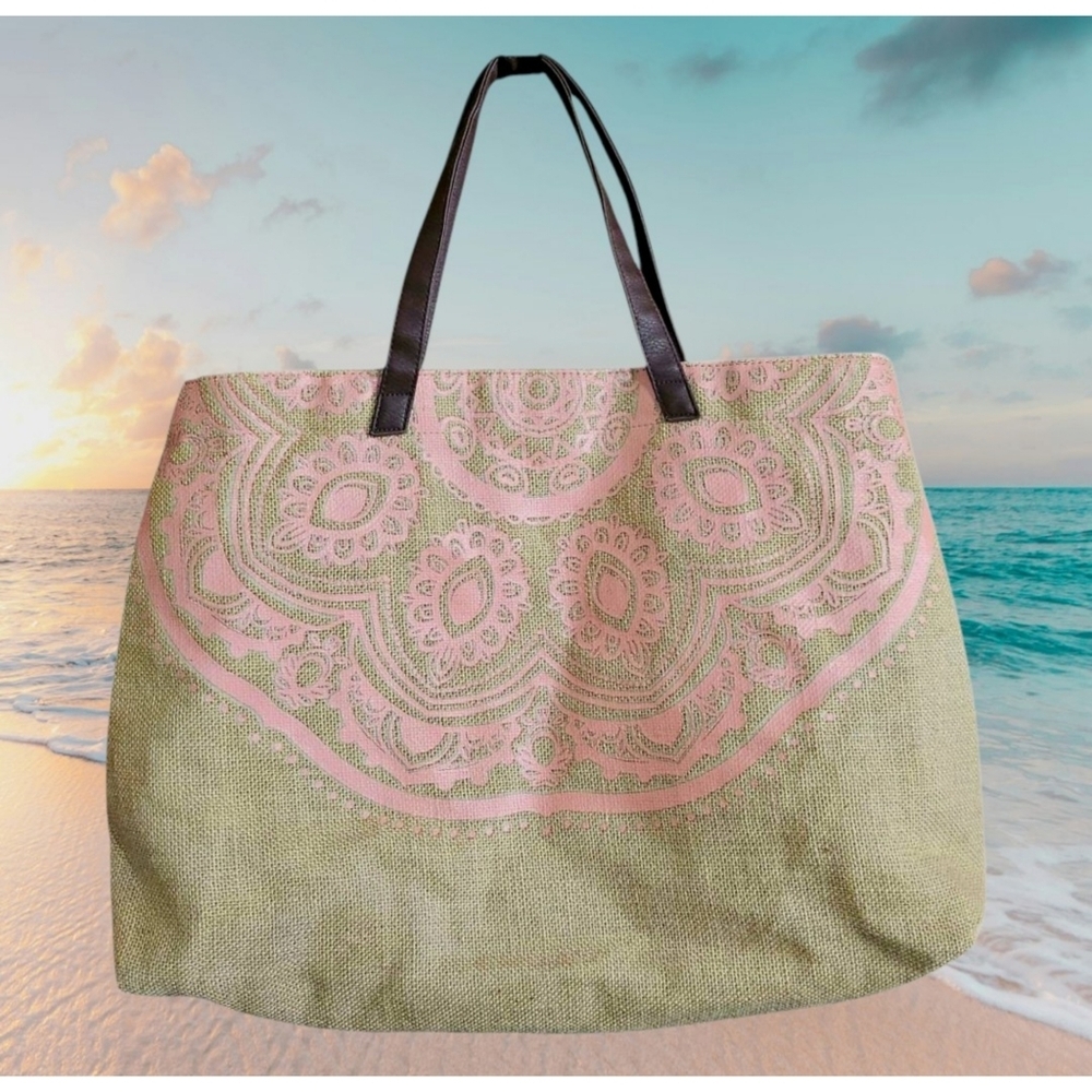 Large Burlap Beach Tote Bag Coral Medallion Print  17" × 22"